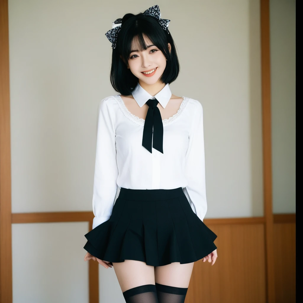 8K, Ultra-high resolution, Highest quality, masterpiece, 三分割法によるphotograph,Surreal, photograph, 1 girl, (:1.3), pretty girl, Cute face, Beautiful eyes in every detail, 細かくdetailedに,masterpiece,, One Girl:1.2, Japan Female Announcer,Young Wife,whole body、Black Hair、well-groomed eyebrows,Slutty Lip Makeup,1 Woman Standing, ,((White bondage and white gothic lolita)),PenSkirt、Black Stockings,Black high heels,Cute gestures、so beautiful,A carefree smile,Healing the heart,blunt bangs,Looking at the audience、beauty,Long neck、Laugh a little、Please close your mouth and laugh、(((Ideal body type))),A-cup small breasts :2,、Portraiture:2、Perfect Anatomy、鮮明なdetailed、detailed、Surreal、Light and shadow,Strong light