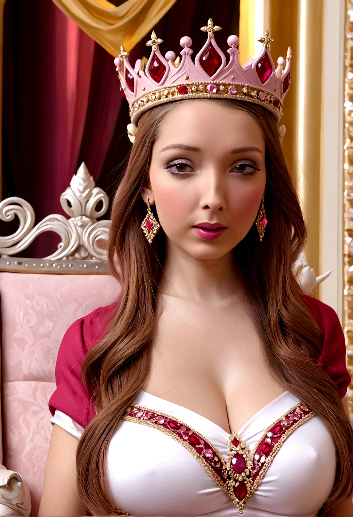 Queen of joy and love (dressed in pinks and deep reds, golden love themed crown), love themed throne, attended to by unicorns and fairies