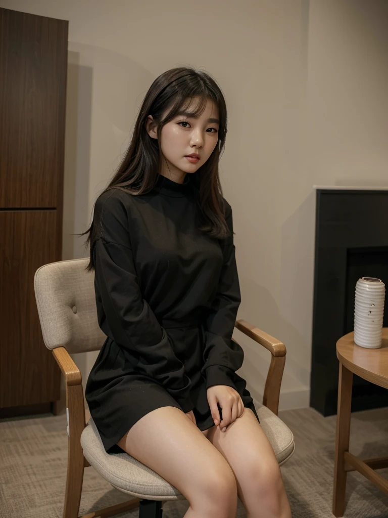 there is a woman sitting in a chair in a room, a picture by Yang J, tumblr, realism, korean girl, sitting in a lounge, gorgeous young korean woman, beautiful south korean woman, taken in 2 0 2 0, 8k)), sakimichan, korean woman, gorgeous lady, ulzzang, black outfit, wearing in black clothes