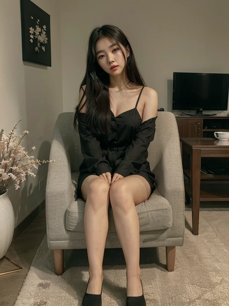 there is a woman sitting in a chair in a room, a picture by Yang J, tumblr, realism, korean girl, sitting in a lounge, gorgeous young korean woman, beautiful south korean woman, taken in 2 0 2 0, 8k)), sakimichan, korean woman, gorgeous lady, ulzzang, black outfit, wearing in black clothes