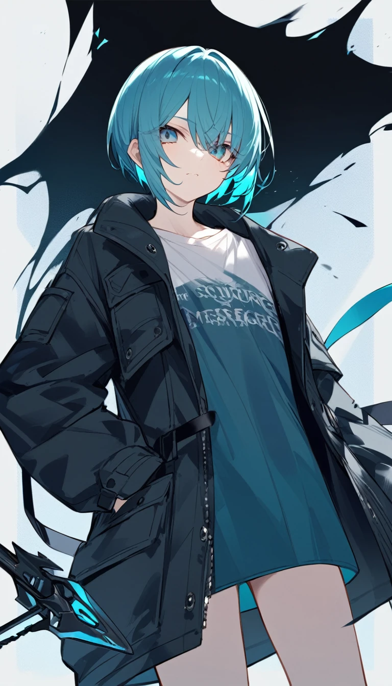 Cyan short hair，Black pupil，Wear a cotton jacket，The Scourge Messenger&#39;s personal ID is hung on his chest.，There are shorter deer ears on the head，Wear long pants，Leg loops on the legs，Wearing boots。