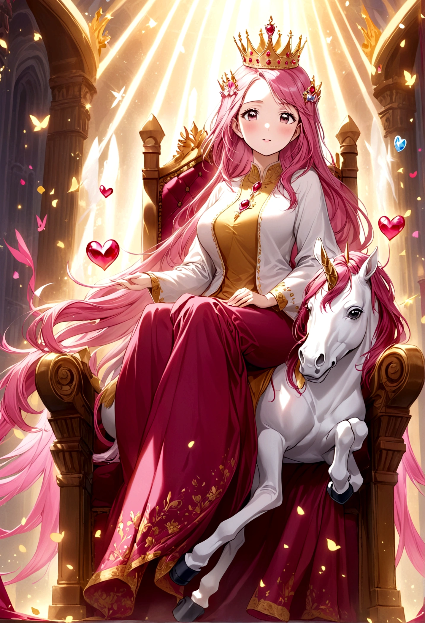 Queen of joy and love (dressed in pinks and deep reds, golden love themed crown), love themed throne, attended to by unicorns and fairies

