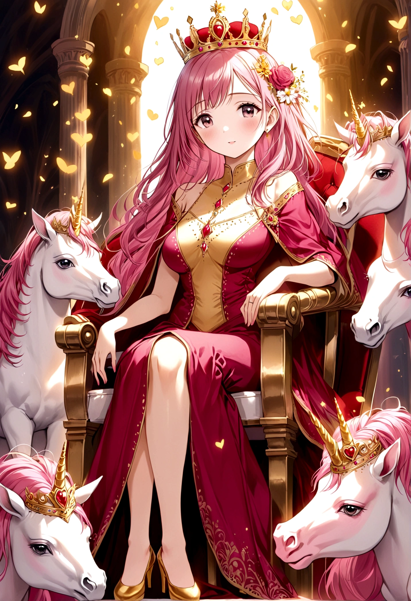 ((Masterpiece, highest quality)), ((Cinematic Light)), Fantastic, Wisdom, Devil, Mix, Horror, Dark Fantasy, Detailed Armor, (Insanely Detailed, Flower), Detailed Long Boots, Beautiful Detailed Eyes, Pink Hair, Long Hair, ((Floating Hair)), Navel, Long Cape, Otherworldly, Luxurious Gold Decoration, Throne Room, Sitting on the Throne, Large and Luxurious Throne