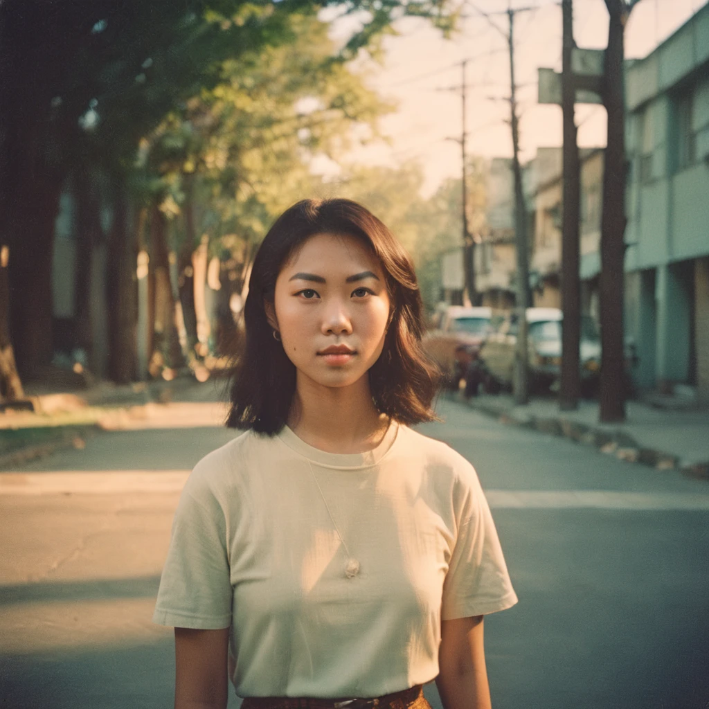 Vintage Photograph, young asian Woman Portrait, Analog Film, Wearing 1970s clothes and haircut, Soft Lighting, Simple Background, Rule of Thirds Composition, Visible Grain, Shallow Focus,
,analog, AnalogRedmAF,