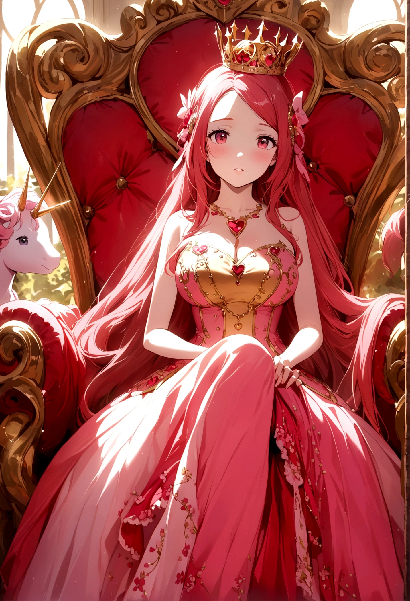 Queen of joy and love (dressed in pinks and deep reds, golden love themed crown), love themed throne, attended to by unicorns and fairies
