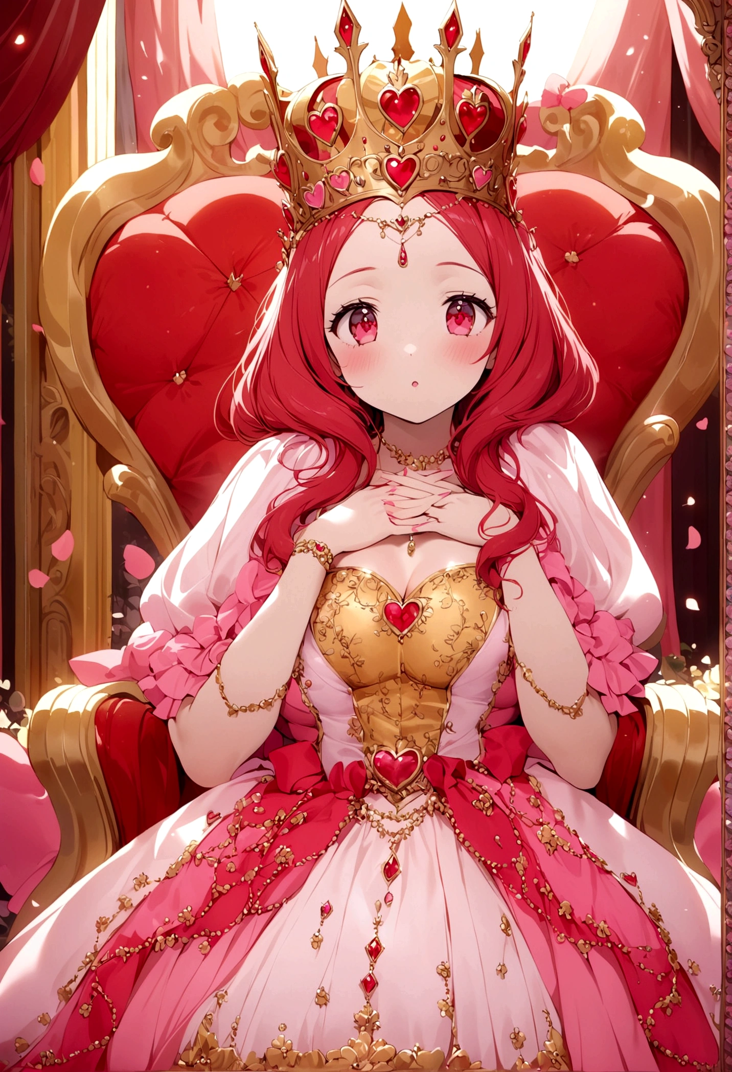 Queen of joy and love (dressed in pinks and deep reds, golden love themed crown), love themed throne, attended to by unicorns and fairies