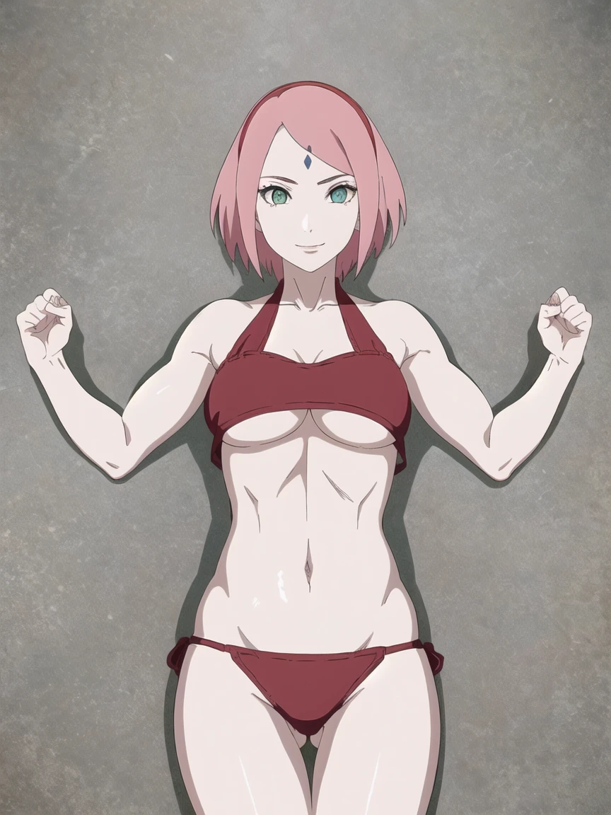 anime style, solo, 1 woman, super ultra details, very high resolution, perfect anatomy, ultra detailed face, high vibrance, (blue light), ((cold colors)), 1girl, haruno sakura, (tall, thin belly, off-shoulders, biceps, closed fists, pale skin, long belly, small breasts, forehead mark), ((red t-back bikini, red hair band)), looking at viewer, (beach, stretching, armpit line), floating hair, big smile, cowboy shot, (reddish pink hair, short hair), spring time((((sexy pose))))((((((35 years old sexy body))))))(((bib boobs))))((((different pose))))