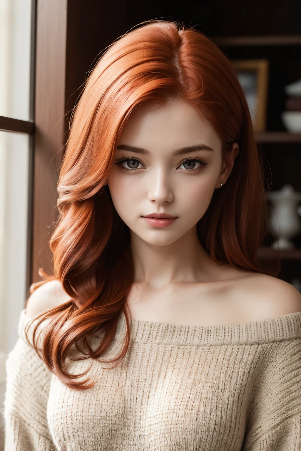 ((best qualityer)), ((work of art)), (detailded), 1 girl, shoulder to shoulder sweater, red-haired woman