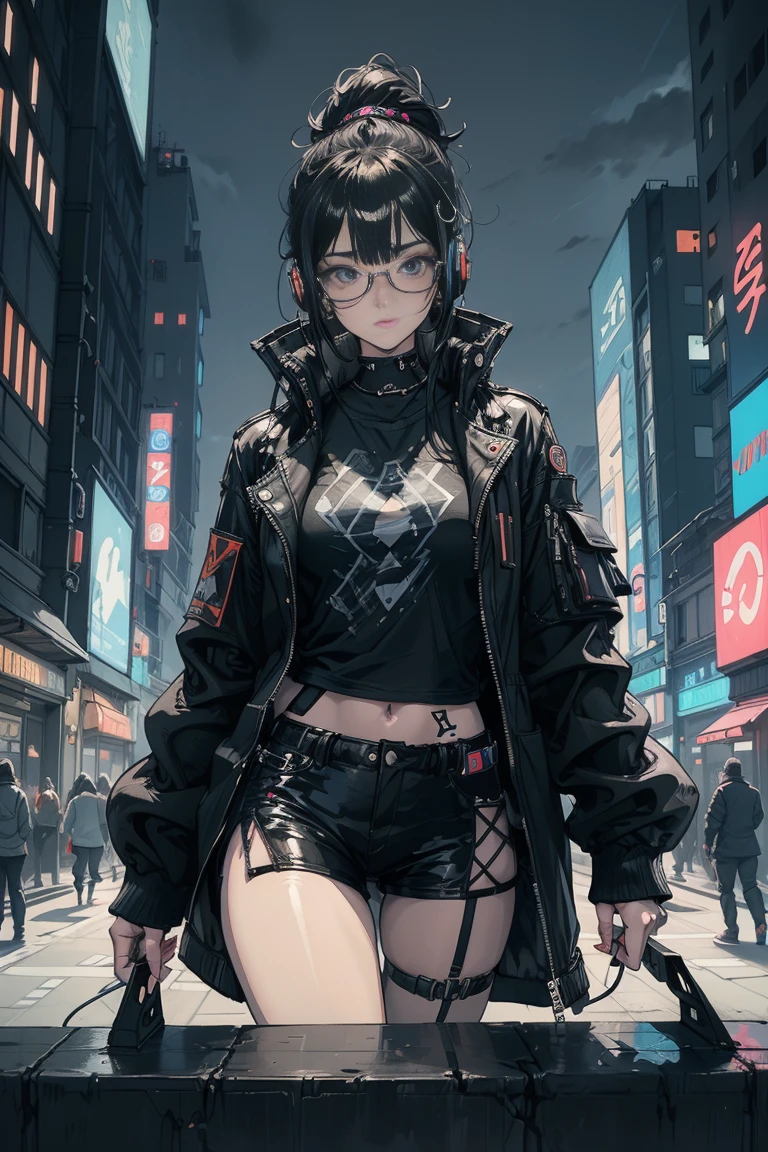 1 girl ,Masterpiece, Best Quality, ultra detailed, illustration, Cyberpunk rebel hackers style: Futuristic city quality: Sharp and dynamic, Character representation: A character who is an expert in lighting technology: The city&#39;s neon lights reflect its cybernetic improvements.. shading: Strong contrasts emphasize its confident and bold nature.. Clothes: Leather jacket with high-tech leggings. (black t-shirt), augmented reality glasses background: Alleys filled with holographic graffiti and neon signs, listening to music with headphones using a walkman, with a black and white Pikachu printed on his t-shirt