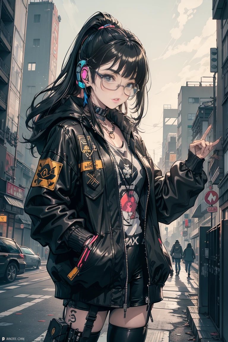 1 girl ,Masterpiece, Best Quality, ultra detailed, illustration, Cyberpunk rebel hackers style: Futuristic city quality: Sharp and dynamic, Character representation: A character who is an expert in lighting technology: The city's neon lights reflect its cybernetic improvements.. shading: Strong contrasts emphasize its confident and bold nature.. Clothes: Leather jacket with high-tech leggings. (black t-shirt), augmented reality glasses background: Alleys filled with holographic graffiti and neon signs, listening to music with headphones using a walkman, with a black and white Pikachu printed on his t-shirt