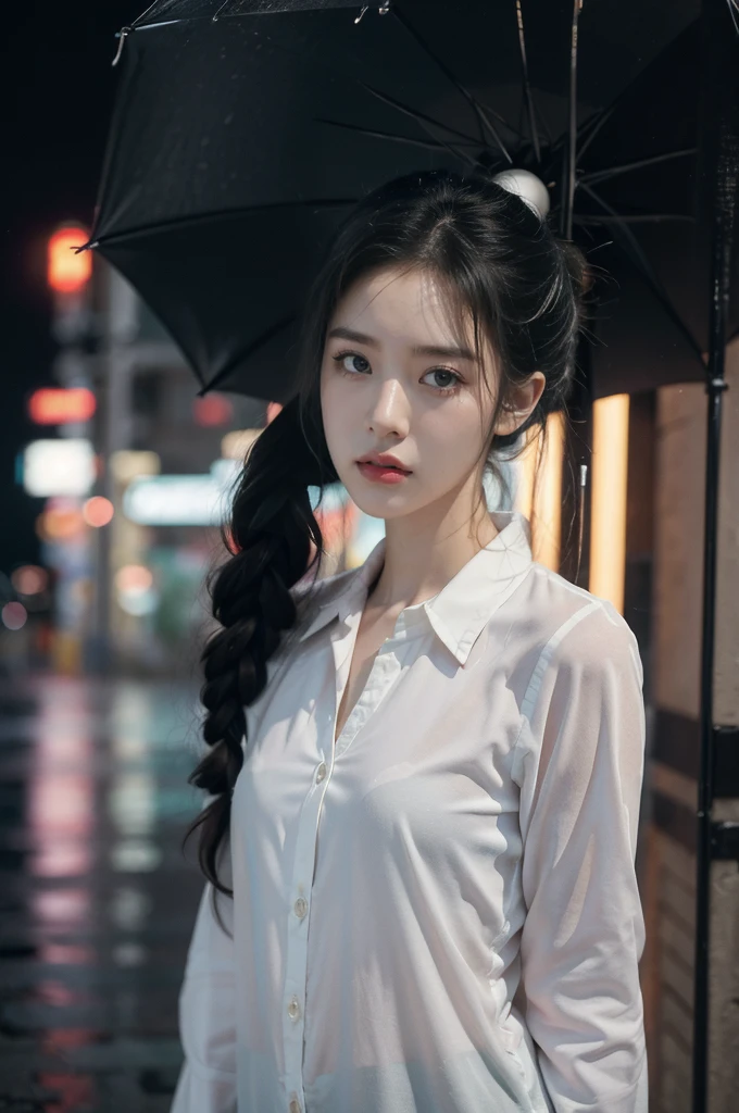 (((best quality))),(((ultra detailed))),(((masterpiece))),illustration,1girl, young,solo, slim,thin,short ponytail,small breasts,flat chest,white collared shirt,shorts,standing,arms behind back,rainy night, heavy rain, drenched clothes, melancholy expression, solitude, tear rolling down cheek, wet hair, empty streets, dimly lit, deserted environment, sound of rain, footsteps, symbol of hope, abandoned, resilience, determination, walking in rain, heartbreak, loss, love fading, loneliness, body language, facial expression, dreary atmosphere, rain-soaked streets, somber mood, viewer engagement,((upper body,from front)),urban scape,night scene