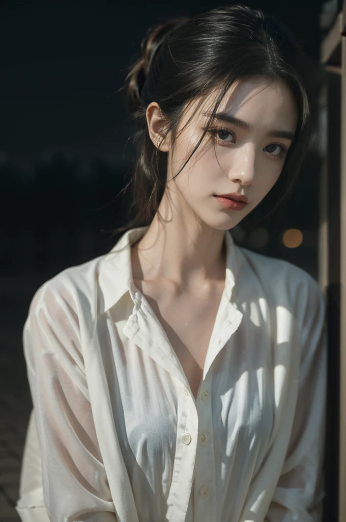 (((best quality))),(((ultra detailed))),(((masterpiece))),illustration,1girl, young,solo, slim,thin,short ponytail,small breasts,flat chest,white collared shirt,shorts,standing,arms behind back,rainy night, heavy rain, drenched clothes, melancholy expression, solitude, tear rolling down cheek, wet hair, empty streets, dimly lit, deserted environment, sound of rain, footsteps, symbol of hope, abandoned, resilience, determination, walking in rain, heartbreak, loss, love fading, loneliness, body language, facial expression, dreary atmosphere, rain-soaked streets, somber mood, viewer engagement,((upper body,from front)),urban scape,night scene