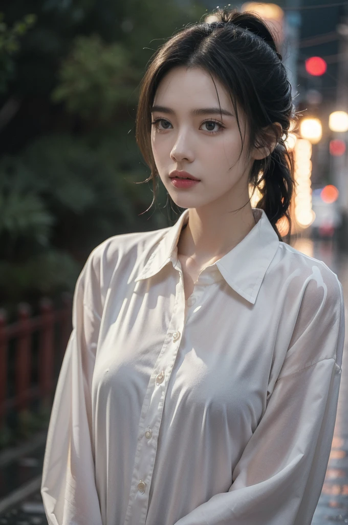 (((best quality))),(((ultra detailed))),(((masterpiece))),illustration,1girl, young,solo, slim,thin,short ponytail,small breasts,flat chest,white collared shirt,shorts,standing,arms behind back,rainy night, heavy rain, drenched clothes, melancholy expression, solitude, tear rolling down cheek, wet hair, empty streets, dimly lit, deserted environment, sound of rain, footsteps, symbol of hope, abandoned, resilience, determination, walking in rain, heartbreak, loss, love fading, loneliness, body language, facial expression, dreary atmosphere, rain-soaked streets, somber mood, viewer engagement,((upper body,from front)),urban scape,night scene