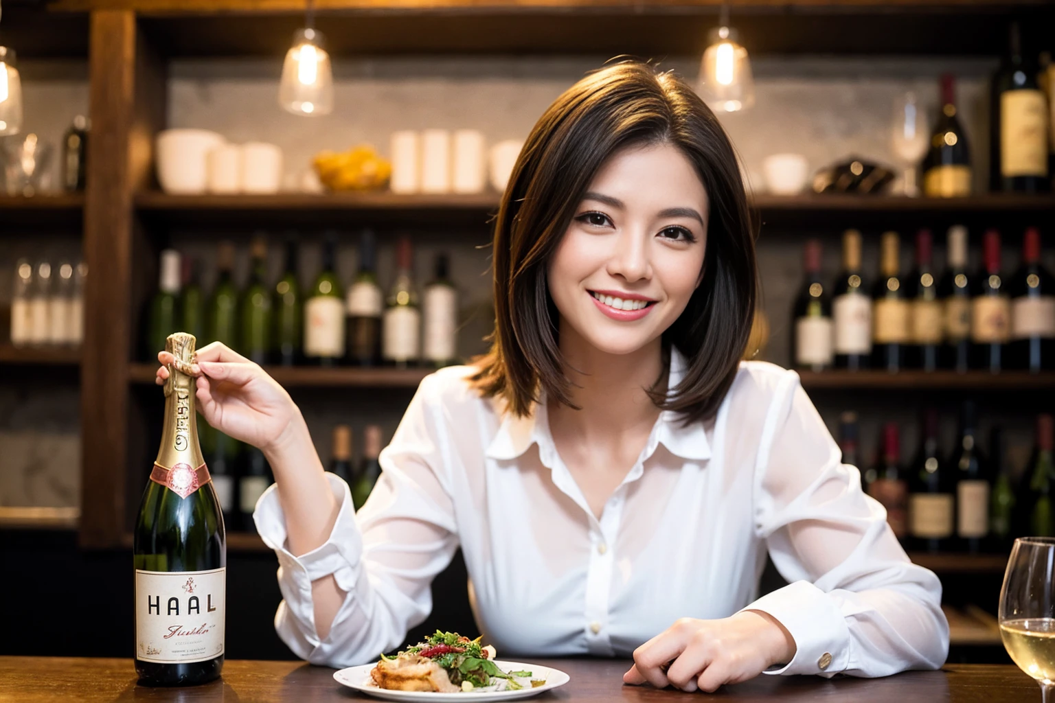 ((Highest quality、、masterpiece:1.3))、1 male 1 female、Slim lover、Beautiful couple、Smile、full-course dinner、 (Slim face), (the body is スリム), (Brown Hair), (Shortcuts), ((Bob Hale、Straight hair:1.2)), テーブルの上のwine glass、Shine light on your face、 Amazing view of the sunset sky and clouds、The beauty of a smile、Bright image、Blushing, Shortcuts, (43 years old), 39 years old, Appetizers、Italian food、Wine bottle、Champagne、sparkling wine、Long sleeve shirt、dress、Attractive beauty、restaurant, Nova Frog Style, actress, model, Upper Body, White wine, red wine, wine glass,