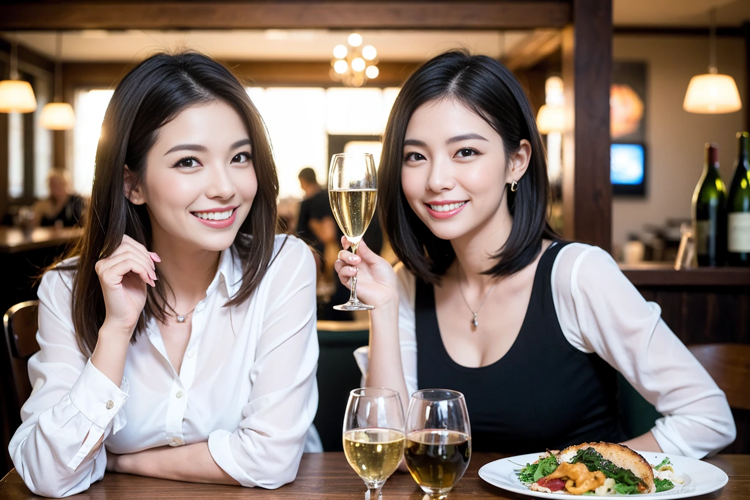 ((Highest quality、、masterpiece:1.3))、1 male 1 female、Slim lover、Beautiful couple、Smile、full-course dinner、 (Slim face), (the body is スリム), (Brown Hair), (Shortcuts), ((Bob Hale、Straight hair:1.2)), テーブルの上のwine glass、Shine light on your face、 Amazing view of the sunset sky and clouds、The beauty of a smile、Bright image、Blushing, Shortcuts, (43 years old), 39 years old, Appetizers、Italian food、Wine bottle、Champagne、sparkling wine、Long sleeve shirt、dress、Attractive beauty、restaurant, Nova Frog Style, actress, model, Upper Body, White wine, red wine, wine glass, 