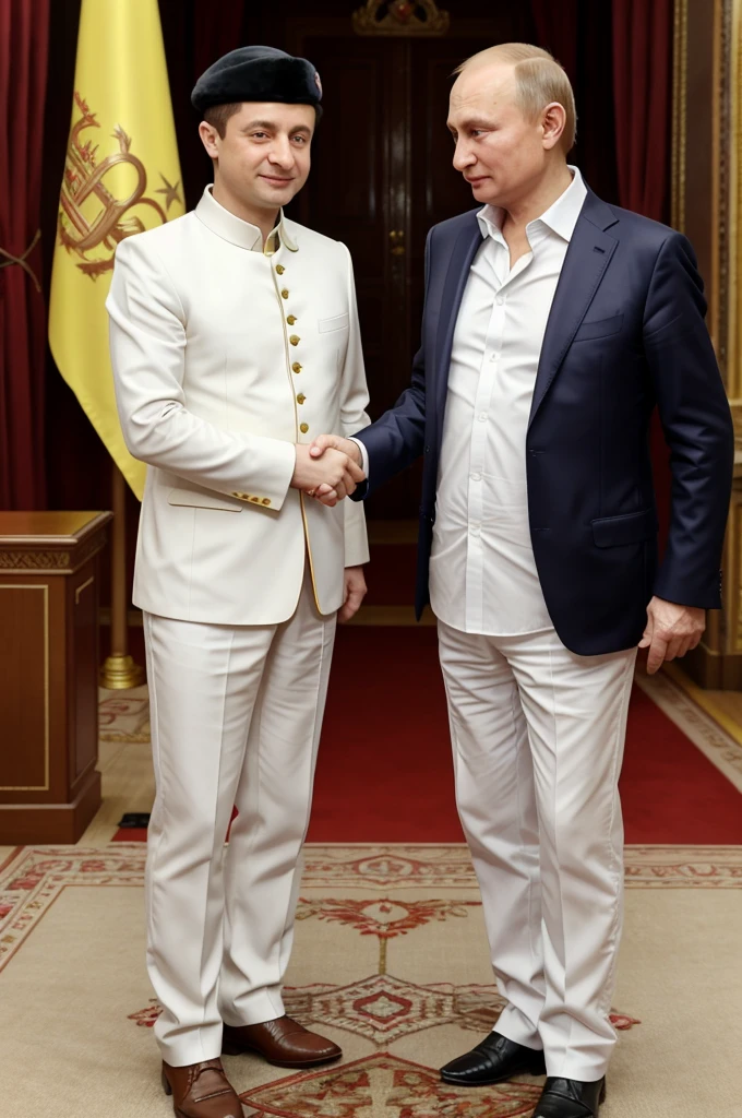 Volodymyr Zelenskyy and Russia president Putin hand shake 