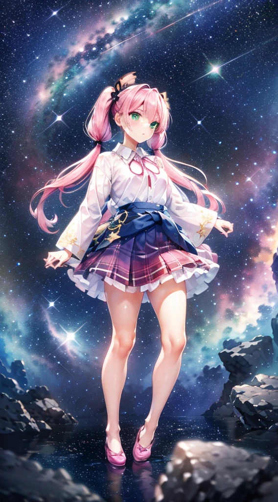 High detail, Super detailed, Ultra-high resolution, A girl having fun in a dreamlike galaxy, Surrounded by stars, The warm light that shines on her, Starry background with colorful galaxies and galactic clouds, The stars fly around her, Add a playful touch ,(((Pink long hair)))、(((Half Twin Tail)))、solo、Green Eyes、skirt、(((long back hair)))、shirt、shoes下、(Blue waistband)、白いshirt、格子縞のskirt、Plaid、sleevesa rolled up、chest、襟付きshirt、ribbon、Knee-high、bangs、shoes、(茶色のskirt)、赤いribbon、(茶色のプリーツskirt)、Mouth closed、ネックribbon、Medium breast 、Beautiful female fingers、Accurate Fingers、