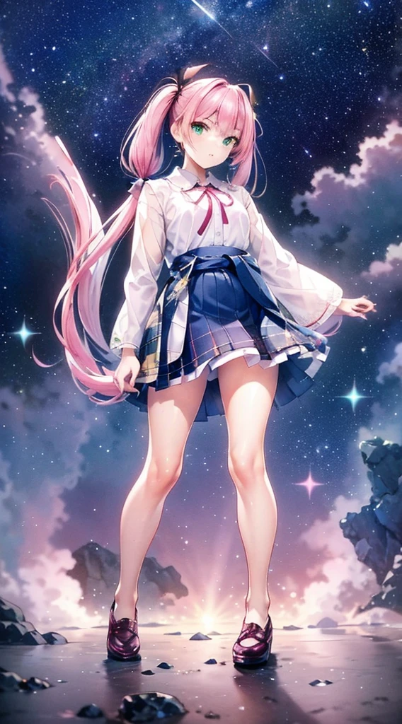 High detail, Super detailed, Ultra-high resolution, A girl having fun in a dreamlike galaxy, Surrounded by stars, The warm light that shines on her, Starry background with colorful galaxies and galactic clouds, The stars fly around her, Add a playful touch ,(((Pink long hair)))、(((Half Twin Tail)))、solo、Green Eyes、skirt、(((long back hair)))、shirt、shoes下、(Blue waistband)、白いshirt、格子縞のskirt、Plaid、sleevesa rolled up、chest、襟付きshirt、ribbon、Knee-high、bangs、shoes、(茶色のskirt)、赤いribbon、(茶色のプリーツskirt)、Mouth closed、ネックribbon、Medium breast 、Beautiful female fingers、Accurate Fingers、