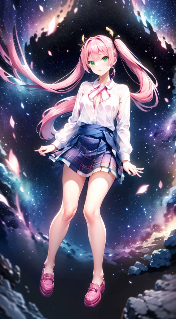 High detail, Super detailed, Ultra-high resolution, A girl having fun in a dreamlike galaxy, Surrounded by stars, The warm light that shines on her, Starry background with colorful galaxies and galactic clouds, The stars fly around her, Add a playful touch ,(((Pink long hair)))、(((Half Twin Tail)))、solo、Green Eyes、skirt、(((long back hair)))、shirt、shoes下、(Blue waistband)、白いshirt、格子縞のskirt、Plaid、sleevesa rolled up、chest、襟付きshirt、ribbon、Knee-high、bangs、shoes、(茶色のskirt)、赤いribbon、(茶色のプリーツskirt)、Mouth closed、ネックribbon、Medium breast 、Beautiful female fingers、Accurate Fingers、