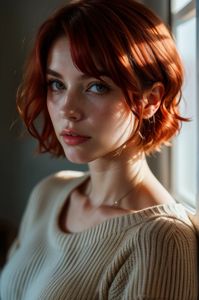 Instagram Photos, French woman, 21 years old, square hair cut,Redhead, Close-up portrait, sweater, Neckline, pale, Sharp Shadow