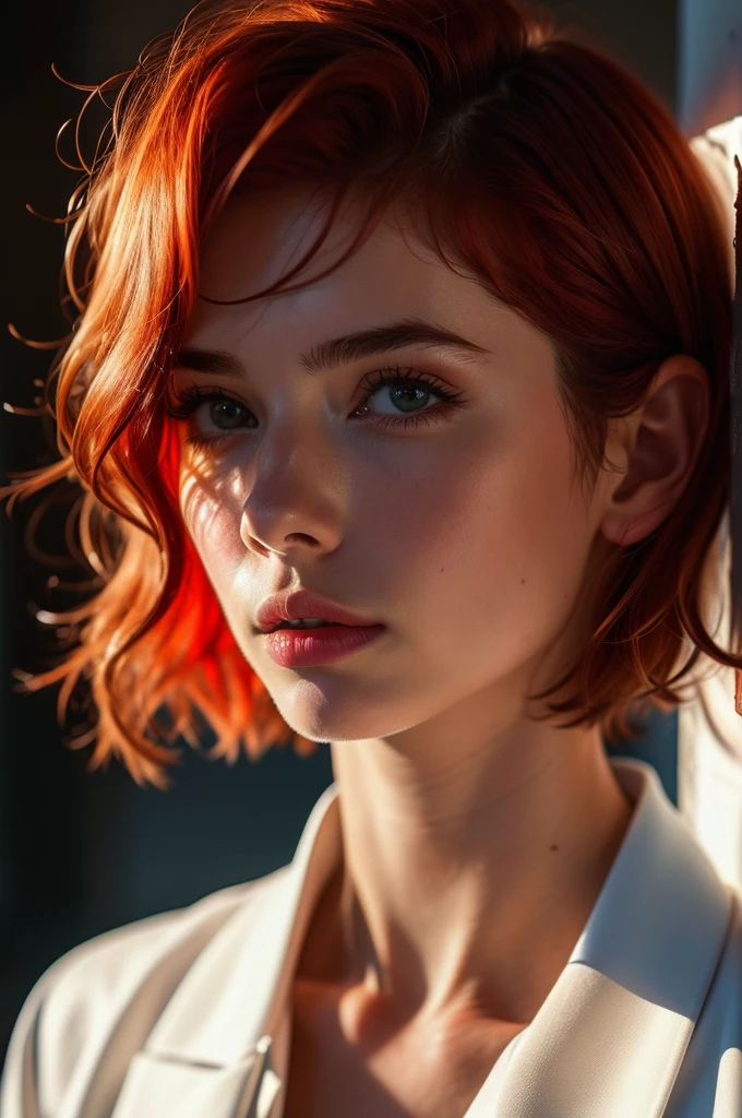 Instagram Photos, French woman, 21 years old, square hair cut,Redhead, Close-up portrait, Jacket,shirt, Neckline, pale, Sharp Shadow
