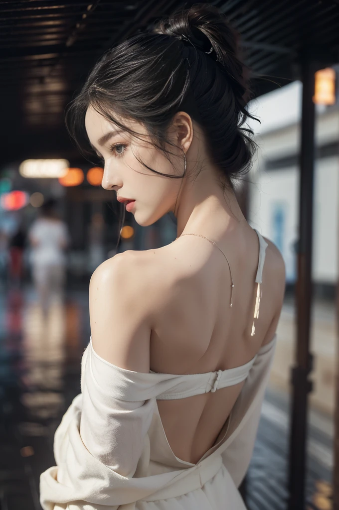 (((best quality))),(((ultra detailed))),(((masterpiece))),illustration,1girl, young,solo, slim,thin,short ponytail,((bare back,towering hips,butt crack)),((shoulder off,bare shoulder)),white shirt,shorts,standing,rainy night, heavy rain, drenched clothes, melancholy expression, solitude, tear rolling down cheek, wet hair, empty streets, dimly lit, deserted environment, sound of rain, footsteps, symbol of hope, abandoned, resilience, determination, walking in rain, heartbreak, loss, love fading, loneliness, body language, facial expression, dreary atmosphere, rain-soaked streets, somber mood, viewer engagement,((upper body,from back)),urban scape