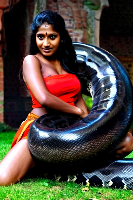 Happy Horny, aroused 1girl), beautiful kneeling Indian young girl with giant colossal black titanboa squeezing her hard, wrapped in thick spiraling coils, constricted, struggle, gasping for air, snake attack, snake peril, moonless night, dim light