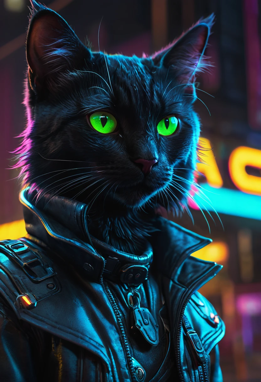 High quality, Extremely detailed, Cyberpunk black cat, furry, neon, High resolution, brighting eyes, cowboy shot, Cinematic shots,