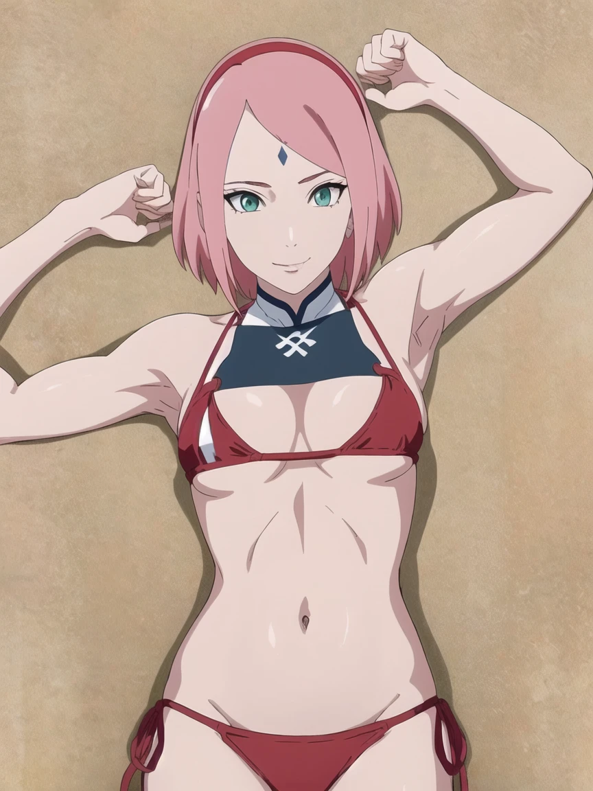 anime style, solo, 1 woman, super ultra details, very high resolution, perfect anatomy, ultra detailed face, high vibrance, (blue light), ((cold colors)), 1girl, haruno sakura, (tall, thin belly, off-shoulders, biceps, closed fists, pale skin, long belly, small breasts, forehead mark), ((red t-back bikini, red hair band)), looking at viewer, (beach, stretching, armpit line), floating hair, big smile, cowboy shot, (reddish pink hair, short hair), spring time((((sexy pose))))((((((35 years old sexy body))))))(((bib boobs))))(((( very very sexy body)))),(((sexy pose)))