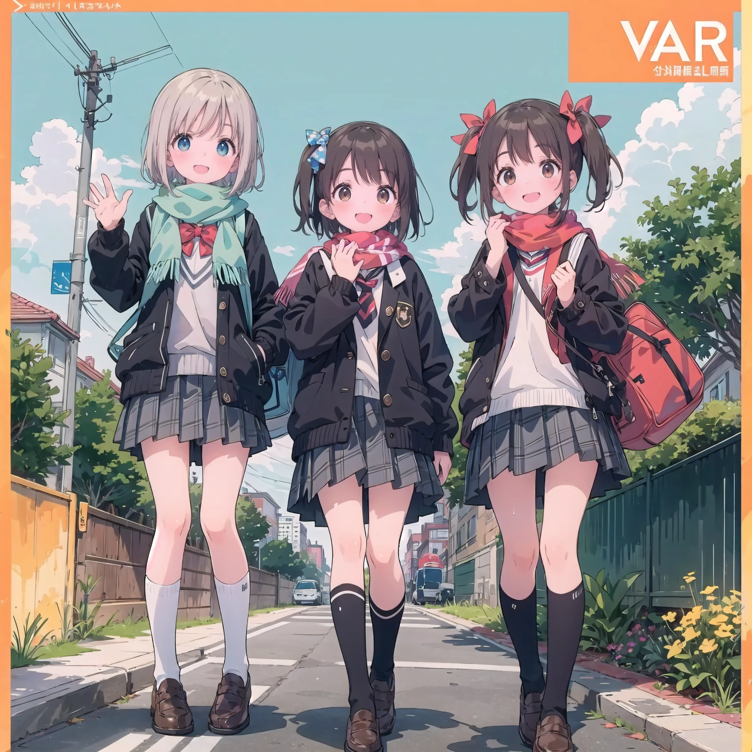 finely DetaileD illustration, best quality, masterpiece, vibrant color,8-year-old、pretty girl、幸せなsmile、Beautiful background,Long Hair, View your audience, blush, smile, Open your mouth, bangs, blue eyes, Multiple Girls, skirt, Brown Hair, shirt, Black Hair, Long sleeve, bow, Brown eyes, very Long Hair, , Are standing, Jacket, white shirt, :D, Sweat, pleateD skirt, Outdoor, Open clothes, shoes, Day, shoes下, Striped, collareD shirt, Please raise your hand, Three Girls, bag, scarf, reD bow, open Jacket, black Jacket, V-shaped eyebrows, Sleeves are longer than the wrist, parteD bangs, Plaid, Knee-length, nose blush, Plaid skirt, Brown footwear, flying SweatDrops, blazer, cardigan, loafers, grey skirt, school bag, Striped bow, Diagonal stripes, station