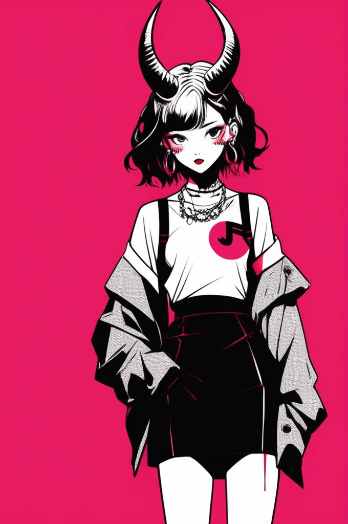 (best quality, sketch:1.2),realistic,illustrator,anime,1 girl with horns, detailed lips,custom, short skirt, black and red gradient background,neon hair,textured cropping, masterpiece, style retro classic, noir style , Japanese style, full body ((monochrome))