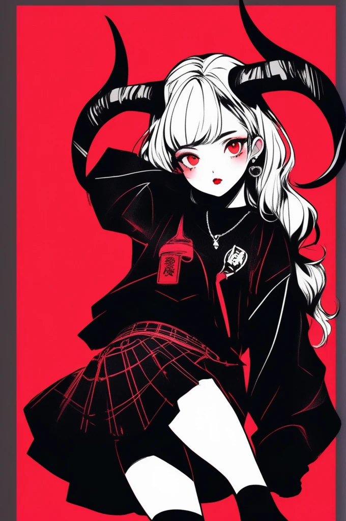 (best quality, sketch:1.2),realistic,illustrator,anime,1 girl with horns, detailed lips,custom, short skirt, black and red gradient background,neon hair,textured cropping, masterpiece, style retro classic, noir style , Japanese style, full body ((monochrome))