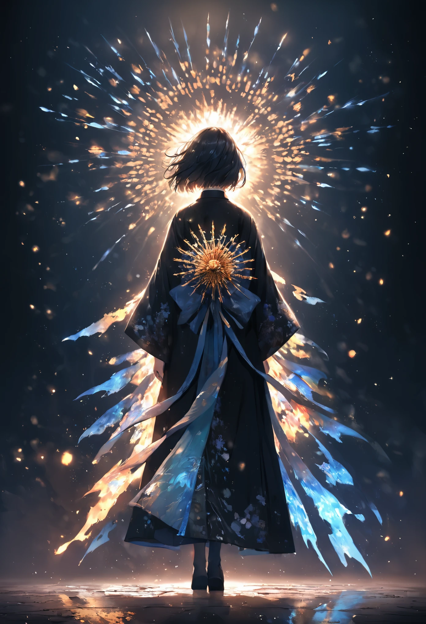 A girl in a black kimono with short hair holds a fan made of glowing fireflies and blue flame particles and holds the fan-shaped edge to her chest on a dark background, in the style of anime, fantasy, full body shot, backlight, high High resolution, high quality illustrations. Colorful illustration, highly detailed, style of digital painting, natural light, full body portrait, anime character design, sharp focus, highly detailed illustration, masterpiece, high resolution, style of octane rendering, 2D game art, ultra realistic. I feel the depth、