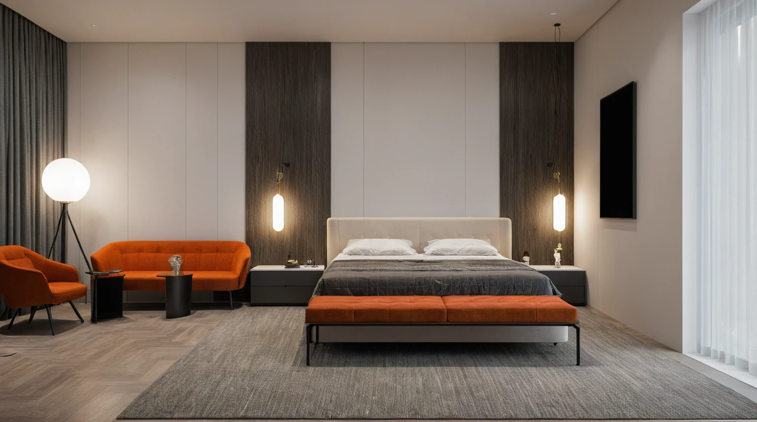 Raw photo,Masterpiece, high quality, best quality, authentic, super detail,
interior, indoors, master bedroom style modern, sofa, lamp
, (daylight:1.1), vivid colour, (realistic:1.2),