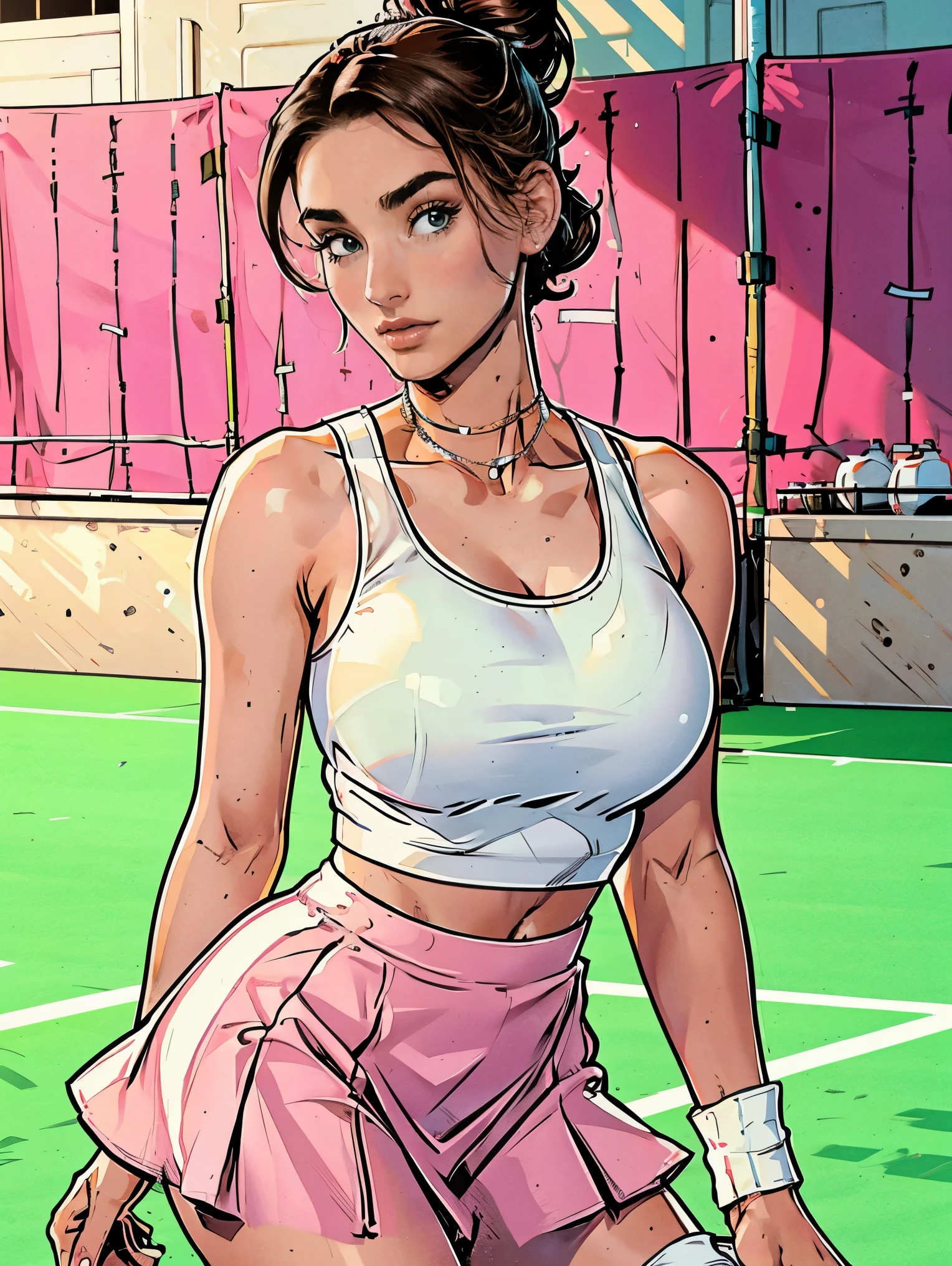 Extremely busty thin and toned brunette photographer, college girl, fair skin, loose updo, soft face, athletic, white tank top, pink skirt. detailed background, tennis court.