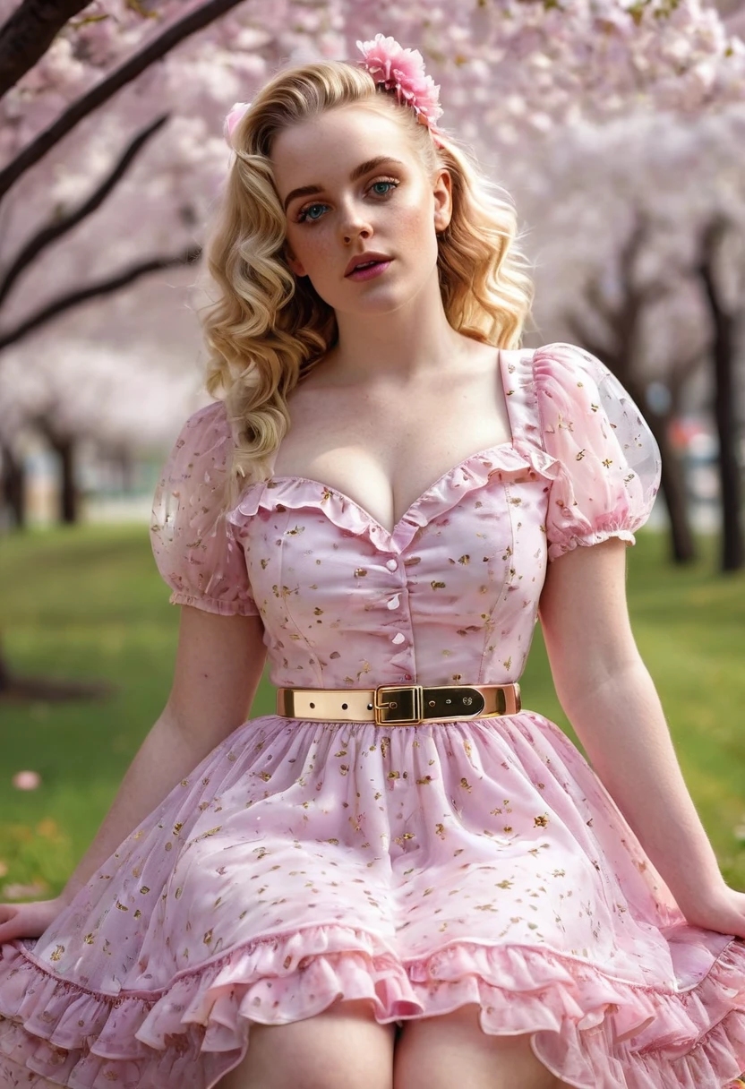 A beautiful sensual, curvy blonde kid wearing a sweet Pink Party Contrast Mesh, Ruffle Hem, All Over cherry blossoms Print, A Line, Short puff Sleeves, Sweetheart neckline, thin gold belt with tiny heart buckle, High Waist,Flounce hem Long gown, very long curling hair, cute, sweet, town picnic, warm party atmosphere, pretty, pretty lighting, 8k, octane render, detailed, detailed background, 35mm, realistic, photorealistic, perfect face, cherry blossoms barrettes in hair, freckles, American 