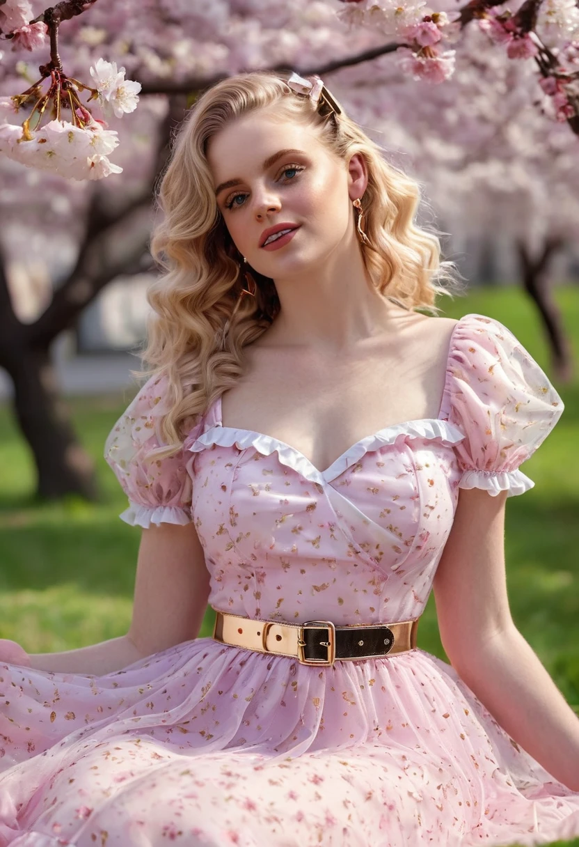 A beautiful sensual, curvy blonde kid wearing a sweet Pink Party Contrast Mesh, Ruffle Hem, All Over cherry blossoms Print, A Line, Short puff Sleeves, Sweetheart neckline, thin gold belt with tiny heart buckle, High Waist,Flounce hem Long gown, very long curling hair, cute, sweet, town picnic, warm party atmosphere, pretty, pretty lighting, 8k, octane render, detailed, detailed background, 35mm, realistic, photorealistic, perfect face, cherry blossoms barrettes in hair, freckles, American 