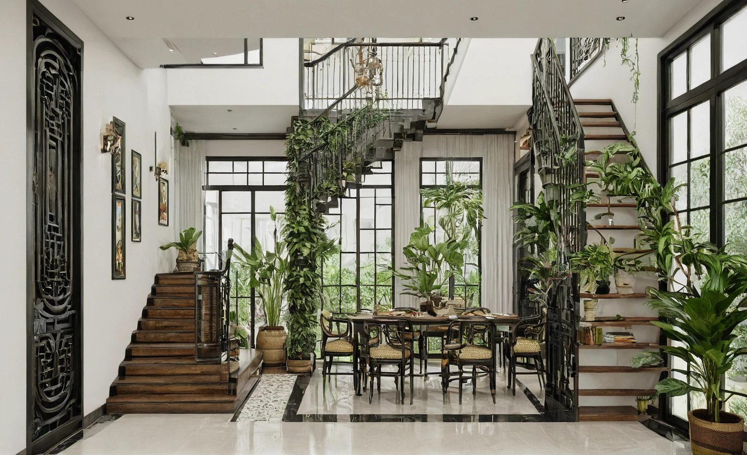 kitchen interior, indochine style, masterpiece, high quality, realistic, window, chair, table, stair, plants under the stair