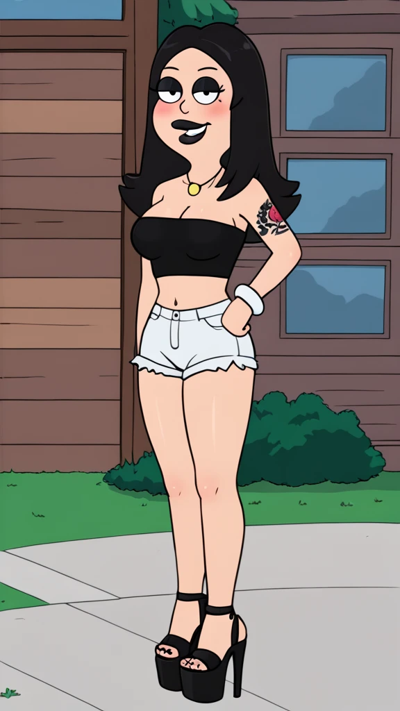 francine, flat color, black hair, 1girl, long hair, white braclet, medium breasts, solo, necklace, cleavage, tight strapless black crop-top, white short shorts, black lips, nsfw, standing, looking at viewer, outdoors, full-body, smile, blushing, open-toe platform high heels, black eyeliner, multiple tattoos, thick mouth