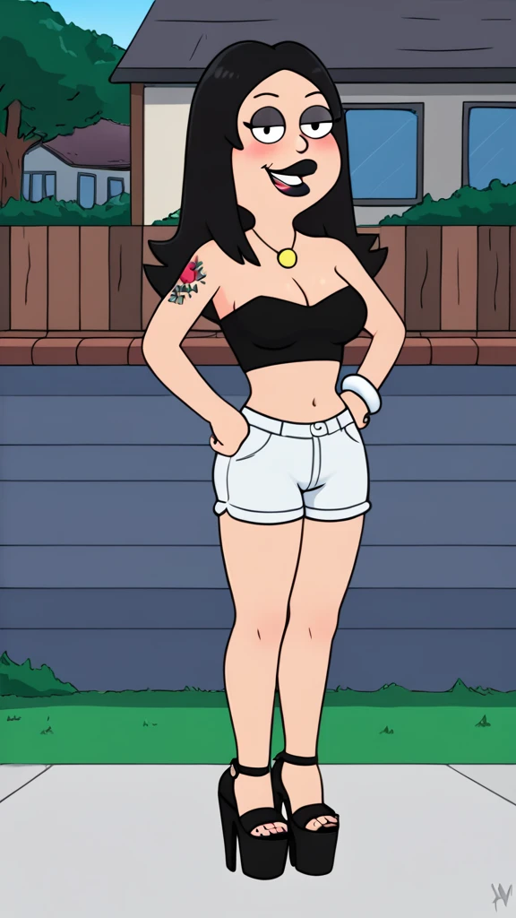 francine, flat color, black hair, 1girl, long hair, white braclet, medium breasts, solo, necklace, cleavage, tight strapless black crop-top, white short shorts, black lips, nsfw, standing, looking at viewer, outdoors, full-body, smile, blushing, open-toe platform high heels, black eyeliner, multiple tattoos, thick mouth