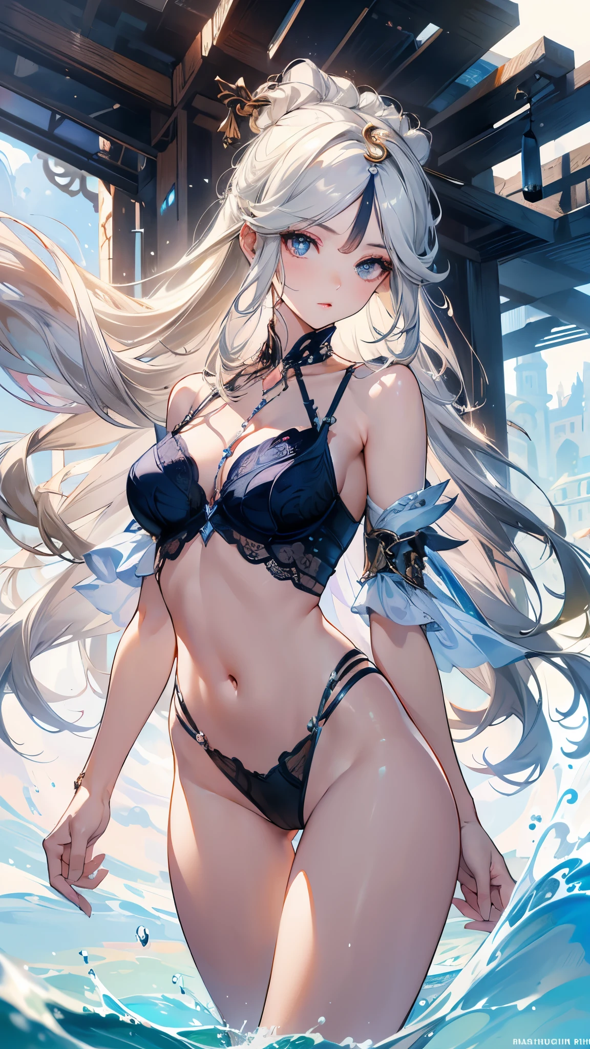 ((masterpiece, best quality)), Delicate face,goddess,whole body,Long legs,Standing picture,Perfect body proportions,Long wavy hair,beautiful eyes,Fantasy style,Extremely beautiful,Pure white background,Water Ripples,transparent,Sexy Lingerie,chain