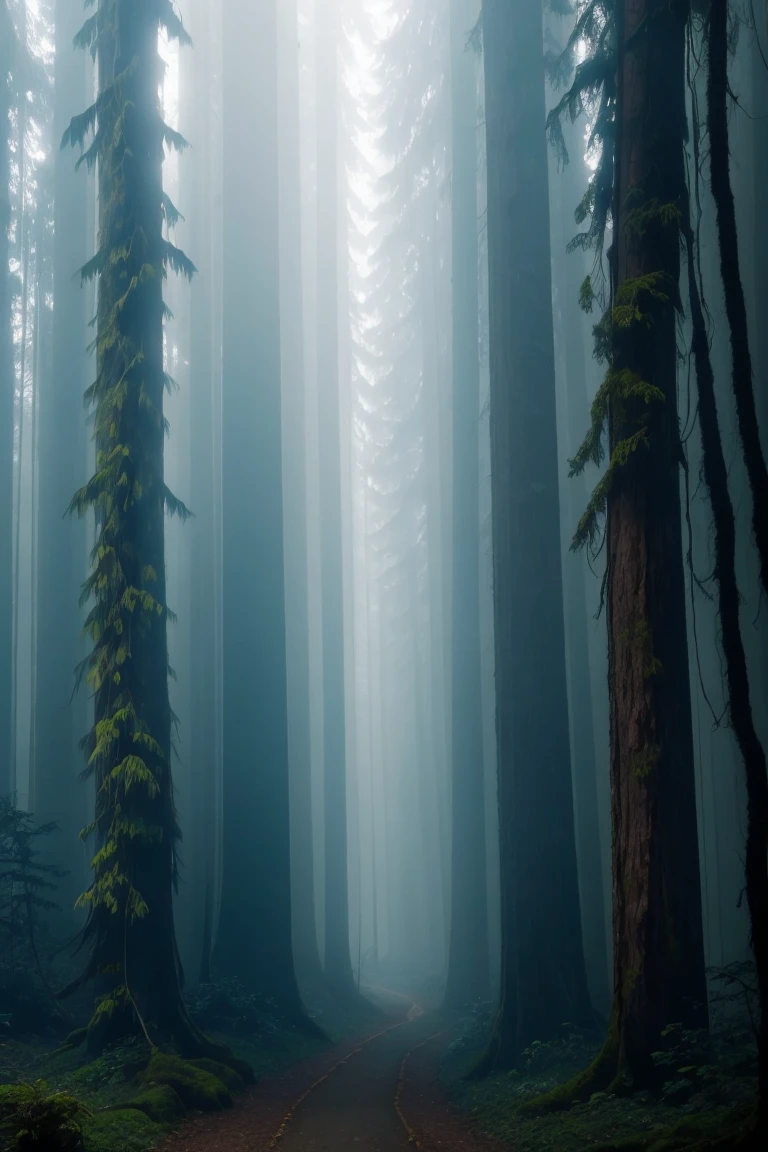 a view of a path through a dense forest in the fog, in a foggy redwood forest, misty forest, foggy jungle, eerie jungle, foggy forest, eerie!!! atmosphere, ancient forest like fanal forest, in the foggy huge forest, ominous and eerie forest, misty woods, beautiful and mysterious, in a foggy forest, on a misty forest