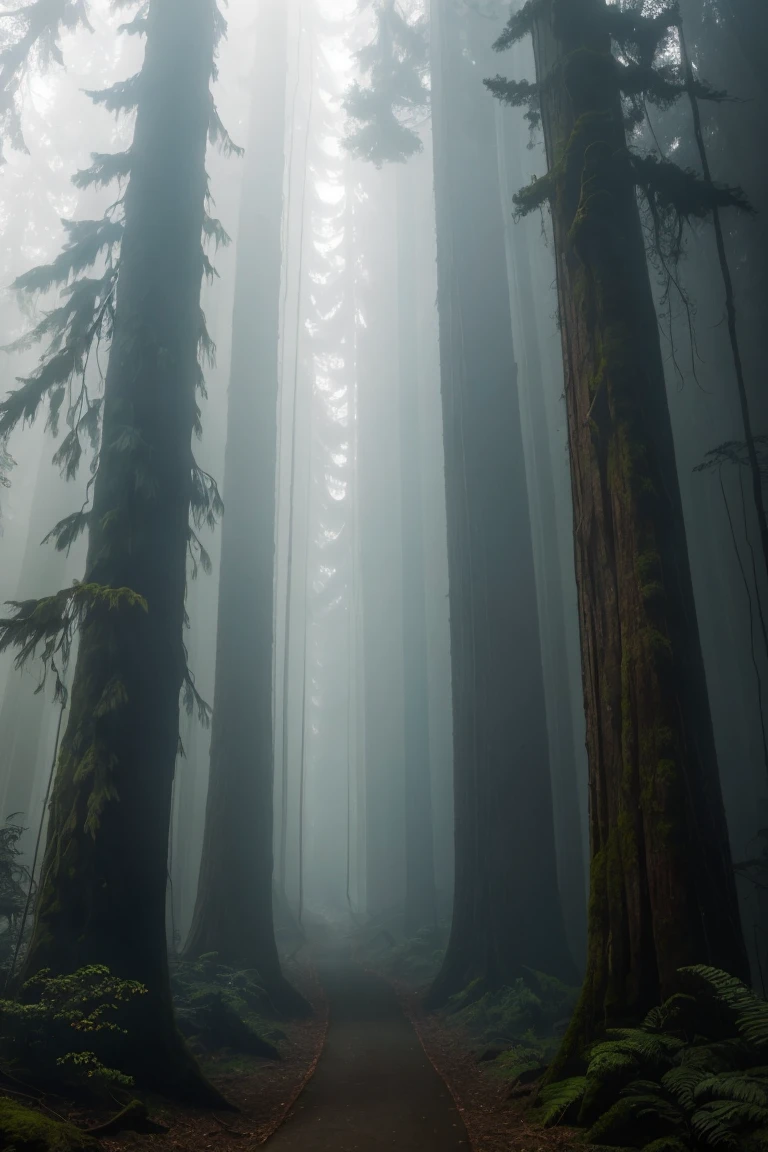 a view of a path through a dense forest in the fog, in a foggy redwood forest, misty forest, foggy jungle, eerie jungle, foggy forest, eerie!!! atmosphere, ancient forest like fanal forest, in the foggy huge forest, ominous and eerie forest, misty woods, beautiful and mysterious, in a foggy forest, on a misty forest
