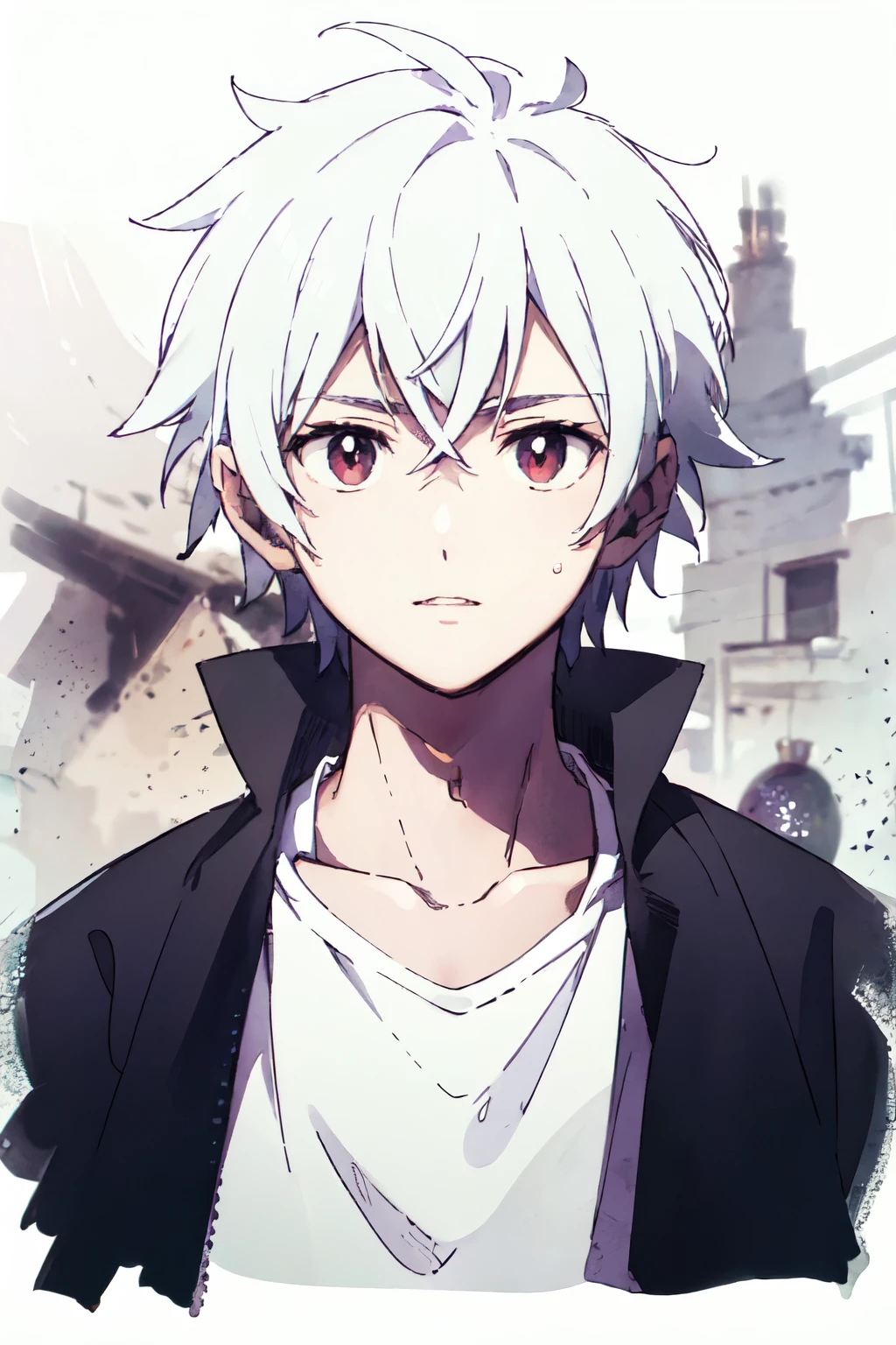 ((best qualityer)), ((work of art)), (detailded), vampire boy with white hair and red eyes
