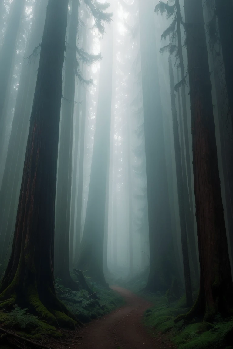 a view of a path through a dense forest in the fog, a matte painting by Tadashige Ono, flickr, romanticism, in a foggy redwood forest, misty forest, foggy jungle, eerie jungle, foggy forest, eerie!!! atmosphere, ancient forest like fanal forest, in the foggy huge forest, ominous and eerie forest, misty woods, beautiful and mysterious