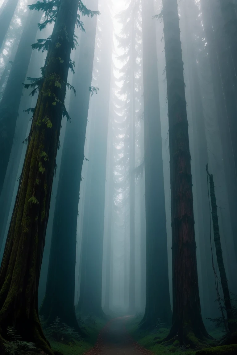 a view of a path through a dense forest in the fog, a matte painting by Tadashige Ono, flickr, romanticism, in a foggy redwood forest, misty forest, foggy jungle, eerie jungle, foggy forest, eerie!!! atmosphere, ancient forest like fanal forest, in the foggy huge forest, ominous and eerie forest, misty woods, beautiful and mysterious
