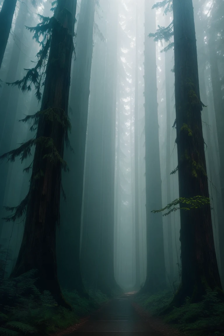 a view of a path through a dense forest in the fog, a matte painting by Tadashige Ono, flickr, romanticism, in a foggy redwood forest, misty forest, foggy jungle, eerie jungle, foggy forest, eerie!!! atmosphere, ancient forest like fanal forest, in the foggy huge forest, ominous and eerie forest, misty woods, beautiful and mysterious