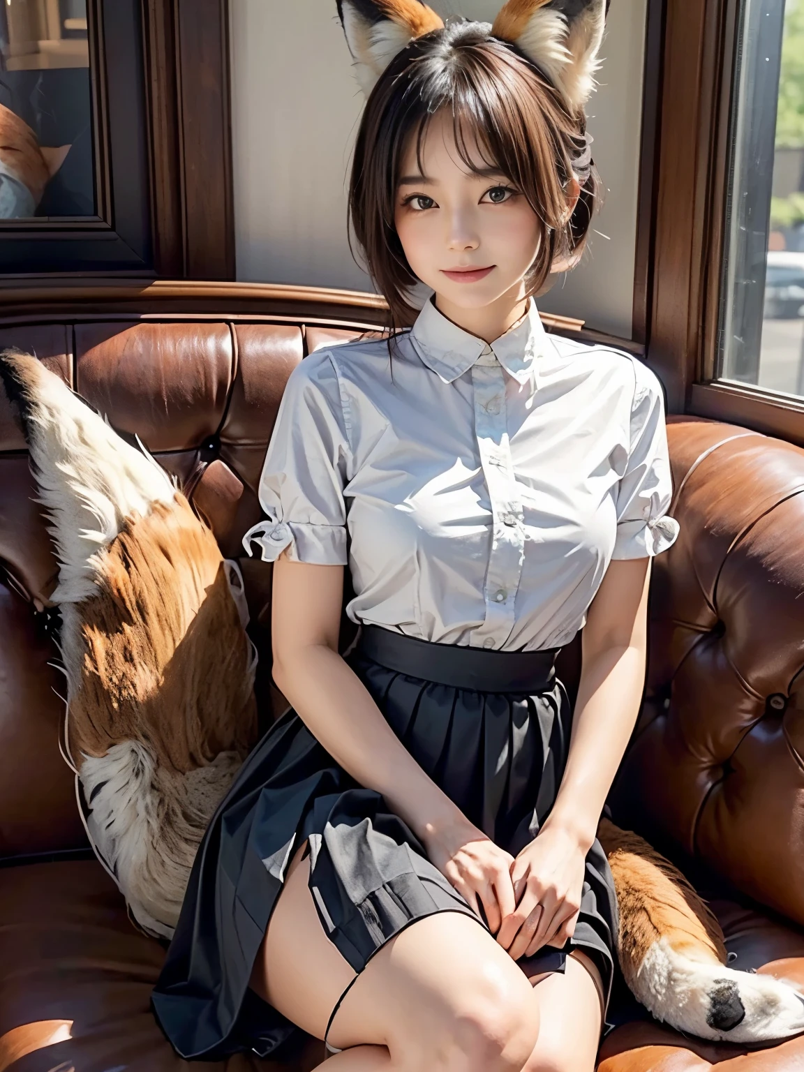 ((Highest quality, 32k)), ((masterpiece)), (Familiar), Perfect Face,  pretty girl, She is sitting on a sofa in a cafe in the city., She is relaxing and drinking tea, She has a bushy tail on her butt, (She has a fox tail.:1.5),She has a fluffy tail, Beautiful hip line, Small breasts, She is wearing a neat blouse and a long pleated skirt., A bushy tail is visible from under her skirt,, Slender body,  Her tail sticks out from under her skirt, (A fox tail protrudes from the inside of her skirt.:1.4), The base of her tail is hidden under her skirt., She is gently stroking her tail