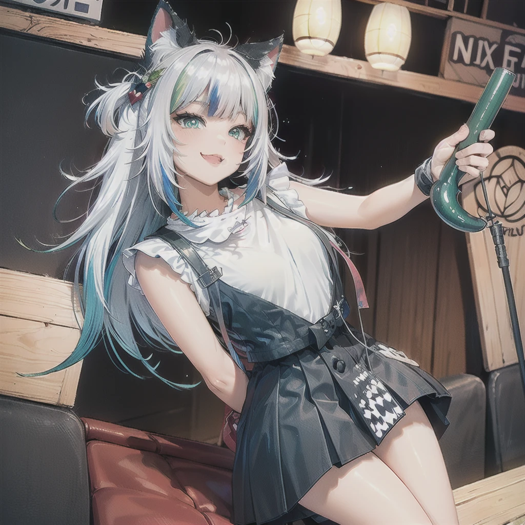 ((masterpiece)), (best quality), expressive eyes, ((perfect face)), highly detailed, heart, (highly detailed eyes), (highly detailed face), ((4K)), ((8K UHD)), (((ultra-high texture quality))),( ultra-high pixel texture), (hyperdetailed), DLSR, RTX, (((HDR))), (Absurdres), ((Japanese text)), (shiny skin), (oily skin), perfect hands, perfect eyes, perfect skin, (((ultra-delicate face))), ((delicate eyes)), double eyelids, beautiful and delicate photo, detailed background, ,
BREAK
(1 cat girl), (cat ears), cat tail , long hair, (neon green hair),cyan hair strand, curly hair, (art supplies) , long straight hair, (light green eyes) ,delicate eyelashes, (big adorable eyes, 🥺), (adult), (mature woman), , (round hips), (small breasts), cute, blushing, (fashion model), (sexy), flirty, (dark red lipstick), (green mascara and eyeliner), (happy, smiling, ☺️, 😳), (excitement) , sneakers, ((smug, laughing))
BREAK
(green sailor Fuku ), sailor fuku, (letter g print design), hair ribbon, sleeveless , (intricate-green sailor Fuku)
BREAK
(green checkered school skirt), skirt, black wooly pantyhose, (intricate-green checkered school skirt)
BREAK
((Looking at viewer)), ((from front)), (90 degrees), ((zoom out)), ((standing on one leg)), (mall), (food stands),shopping mall,clothes shop, (Cute art pieces), studio lightning, lora:add_detail:0.7, (public), (Full background), (lots of kittens)