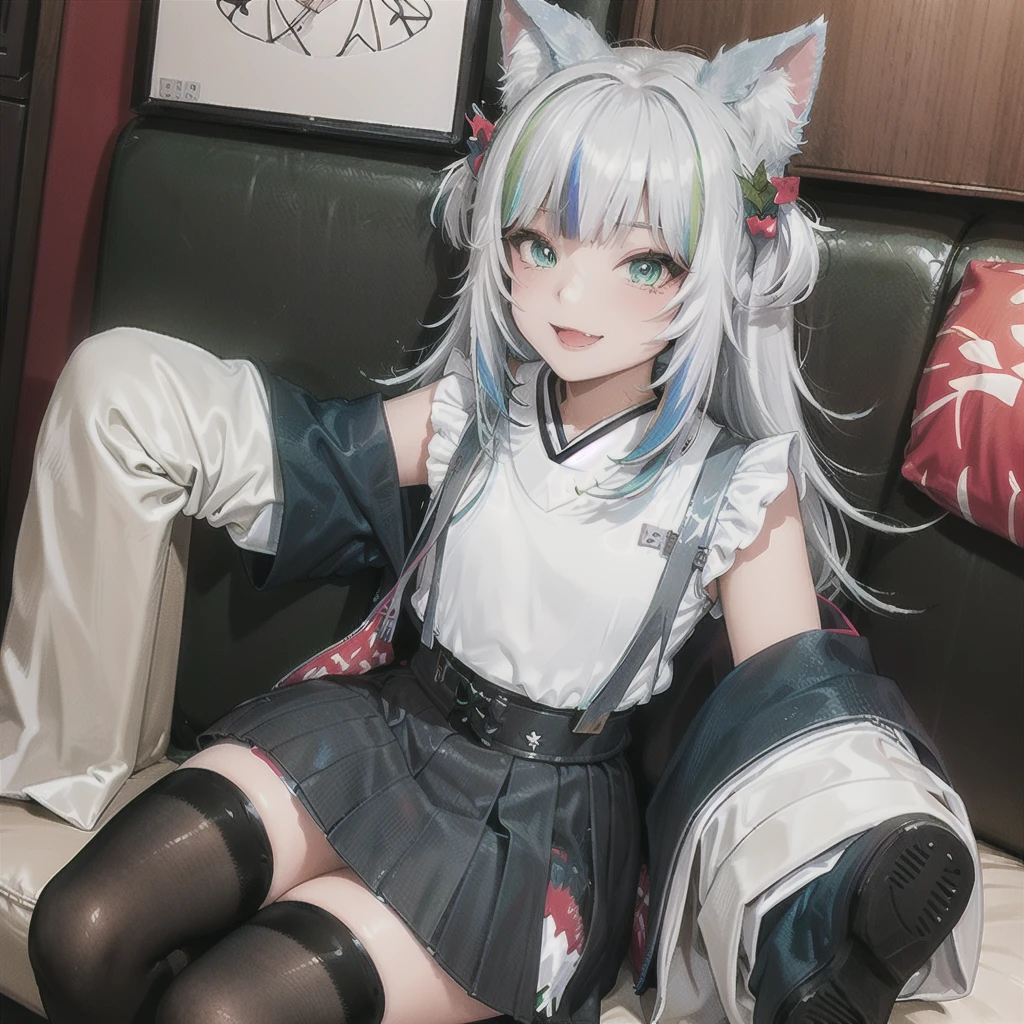 ((masterpiece)), (best quality), expressive eyes, ((perfect face)), highly detailed, heart, (highly detailed eyes), (highly detailed face), ((4K)), ((8K UHD)), (((ultra-high texture quality))),( ultra-high pixel texture), (hyperdetailed), DLSR, RTX, (((HDR))), (Absurdres), ((Japanese text)), (shiny skin), (oily skin), perfect hands, perfect eyes, perfect skin, (((ultra-delicate face))), ((delicate eyes)), double eyelids, beautiful and delicate photo, detailed background, ,
BREAK
(1 cat girl), (cat ears), cat tail , long hair, (neon green hair),cyan hair strand, curly hair, (art supplies) , long straight hair, (light green eyes) ,delicate eyelashes, (big adorable eyes, 🥺), (adult), (mature woman), , (round hips), (small breasts), cute, blushing, (fashion model), (sexy), flirty, (dark red lipstick), (green mascara and eyeliner), (happy, smiling, ☺️, 😳), (excitement) , sneakers, ((smug, laughing))
BREAK
(green sailor Fuku ), sailor fuku, (letter g print design), hair ribbon, sleeveless , (intricate-green sailor Fuku)
BREAK
(green checkered school skirt), skirt, black wooly pantyhose, (intricate-green checkered school skirt)
BREAK
((Looking at viewer)), ((from front)), (90 degrees), ((zoom out)), ((standing on one leg)), (mall), (food stands),shopping mall,clothes shop, (Cute art pieces), studio lightning, lora:add_detail:0.7, (public), (Full background), (lots of kittens)